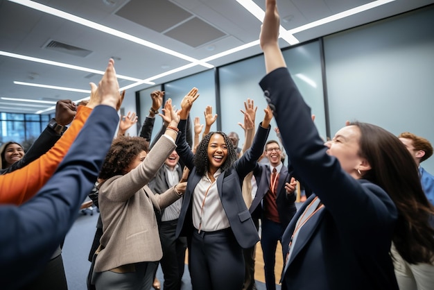 Grupo de personas de negocios que dan los cinco juntos mientras están de pie dentro de una oficina con llamaradas solares y espacio de copia Equipo de colegas, compañeros de trabajo y empleados que celebran el trabajo en equipo y se apilan las manos