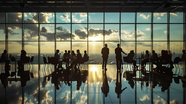 Un grupo de personas de negocios se reúnen en la oficina una gran pared de vidrio con la luz del sol brillando a través