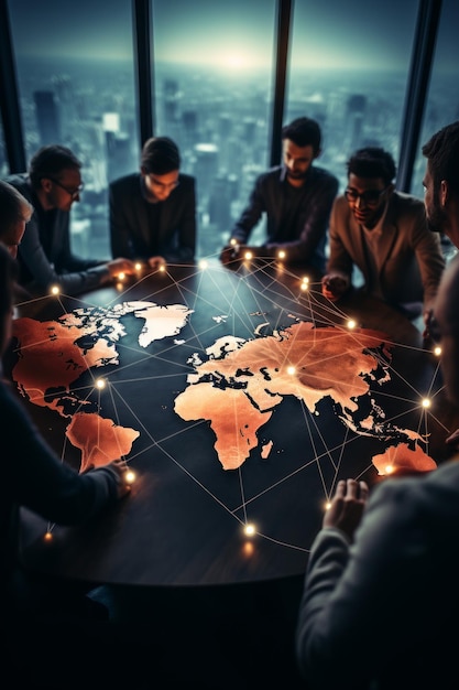 Foto grupo de personas de negocios sentadas alrededor de una mesa de conferencias con un mapa del mundo