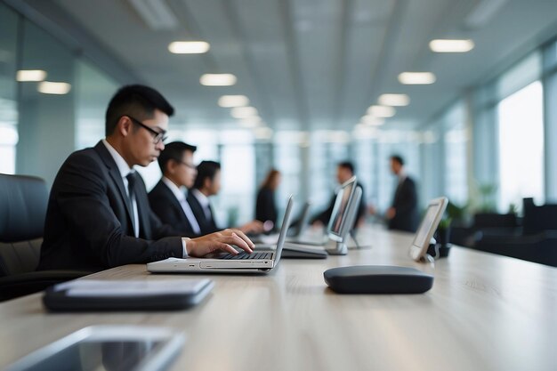 un grupo de personas de negocios trabajando en computadoras portátiles en una sala de conferencias