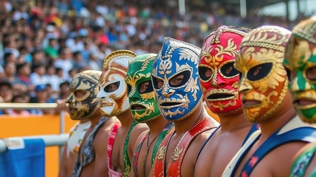 Grupo de personas no identificadas con máscaras de lucha libre de Lucha Libre en el estadio anual IA generativa