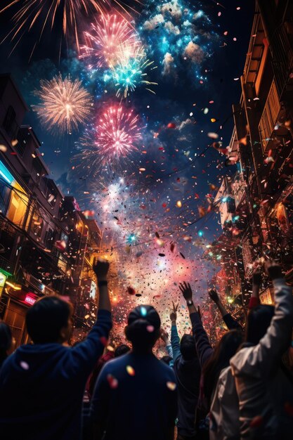 Foto grupo de personas observando fuegos artificiales en el cielo nocturno celebración del año nuevo