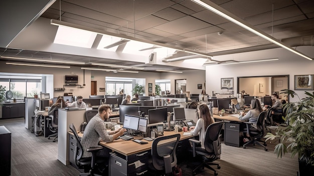 Un grupo de personas en una oficina con una ventana grande sobre ellos