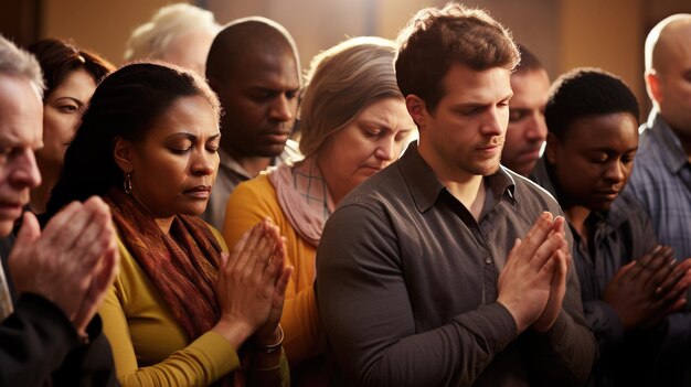 Foto grupo de personas durante la oración en una iglesia