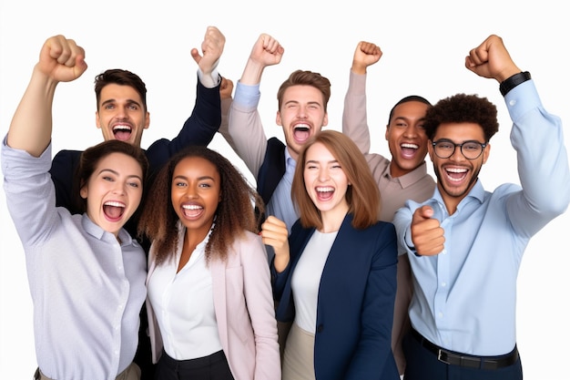 Foto grupo de personas con la palabra victoria en el fondo blanco