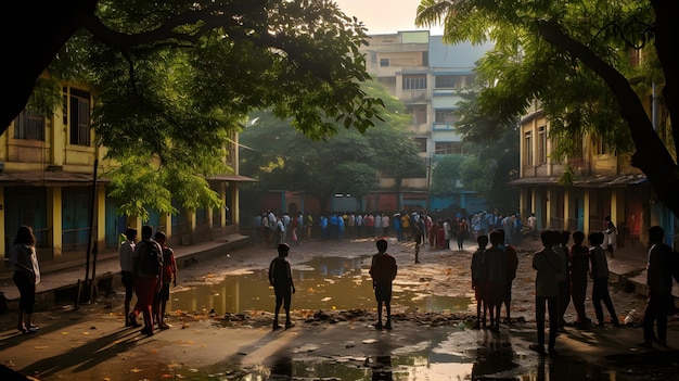 un grupo de personas paradas alrededor de un charco de agua Vista desde la ventana de la escuela