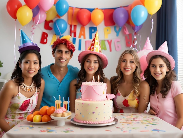 un grupo de personas paradas alrededor de una mesa con un pastel y globos