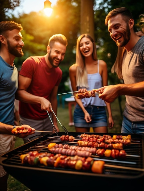 Foto un grupo de personas paradas alrededor de una parrilla de barbacoa