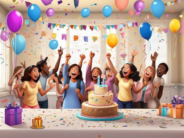 un grupo de personas paradas alrededor de un pastel de cumpleaños con globos y confeti
