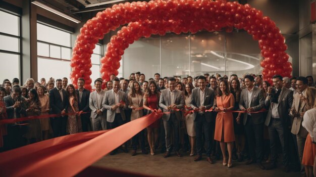 Foto un grupo de personas paradas frente a una ceremonia de inauguración con un gran arco rojo