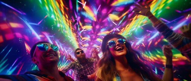 Foto un grupo de personas paradas frente a un colorido espectáculo de luces