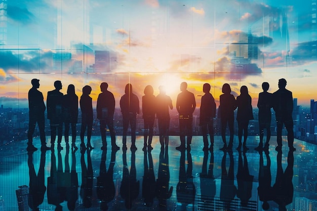 un grupo de personas paradas frente a una puesta de sol