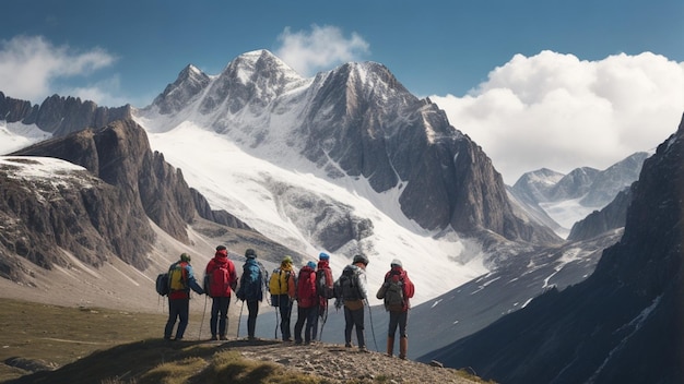 Un grupo de personas se paran en la cima de una montaña con montañas al fondo.