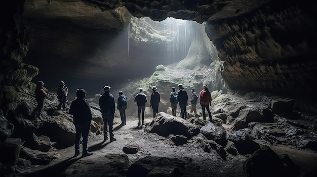 Un grupo de personas se paran en una cueva mirando la luz del techo.