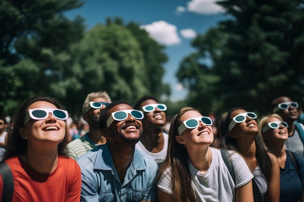 Foto grupo de personas en un parque mirando el eclipse solar usando gafas de seguridad de eclipse solar