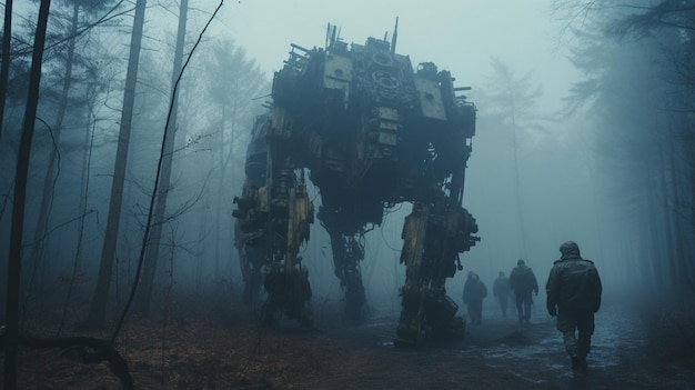 Un grupo de personas pasa junto a un robot gigante que tiene la palabra ".