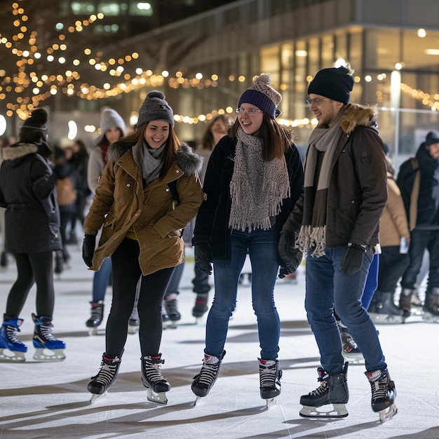 Foto grupo de personas patinando sobre hielo en una pista de patinaje sobre hielo llena de gente