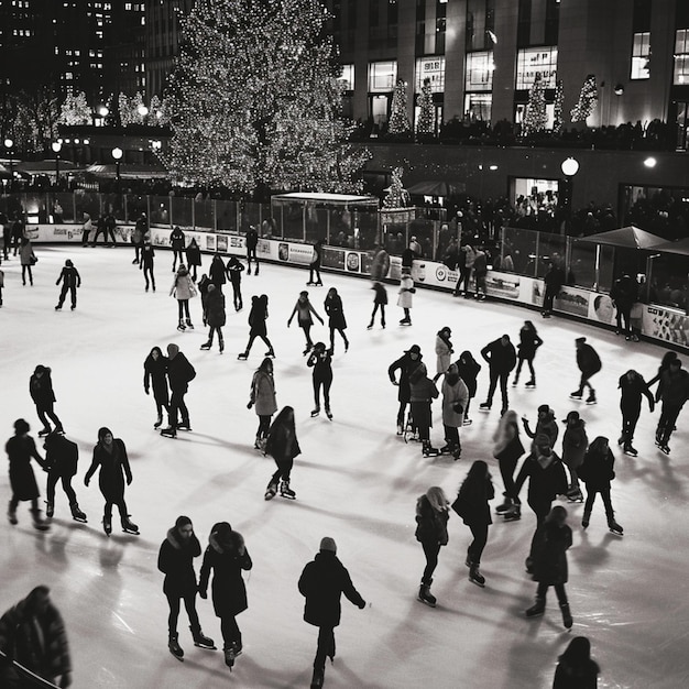 Grupo de personas patinando sobre hielo en una pista de patinaje sobre hielo llena de gente