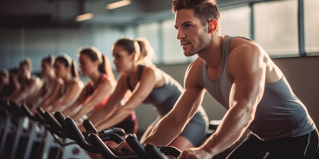 un grupo de personas pedaleando en bicicletas estáticas área de gimnasio abierta Creado con tecnología de IA generativa