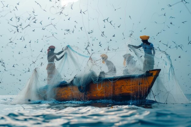 Foto grupo de personas pescando en barco