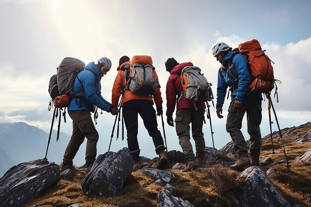 Foto grupo de personas en el pico de la montaña ayudando al trabajo en equipo