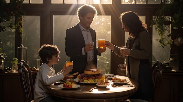 Un grupo de personas de pie alrededor de una mesa con comida y bebidas