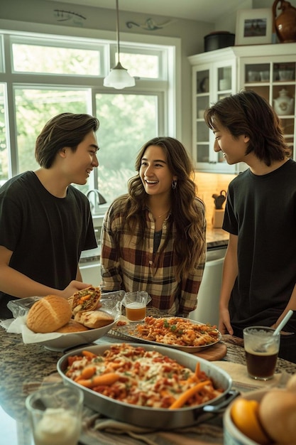 un grupo de personas de pie alrededor de una mesa con comida