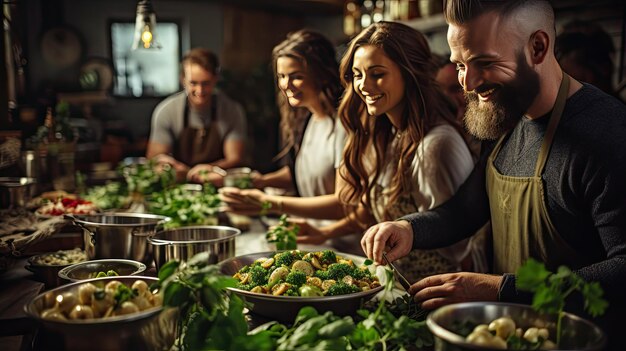 Foto grupo de personas de pie alrededor de una mesa llena de comida