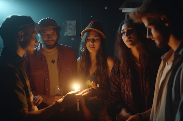 Foto un grupo de personas está de pie alrededor de una mesa con velas y uno de ellos tiene un sombrero.