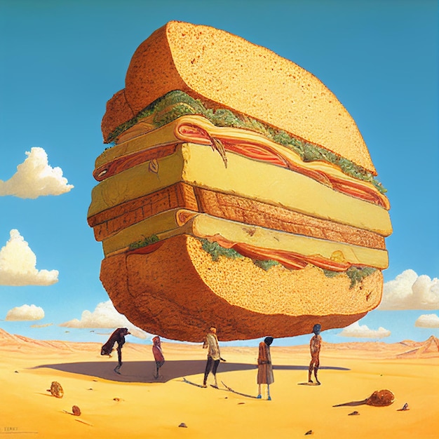 Grupo de personas de pie alrededor de un sándwich gigante ai generativo