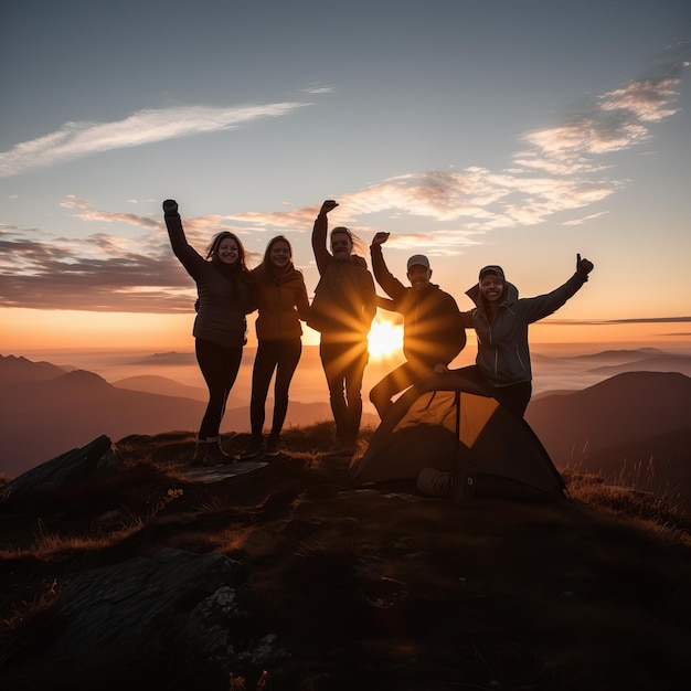 un grupo de personas de pie en la cima de una montaña con el sol detrás de ellos