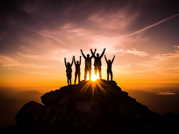 un grupo de personas de pie en la cima de una montaña con el sol detrás de ellos