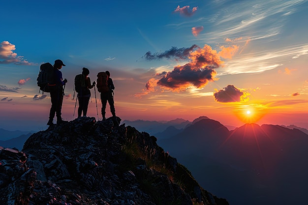 Un grupo de personas de pie en la cima de una montaña