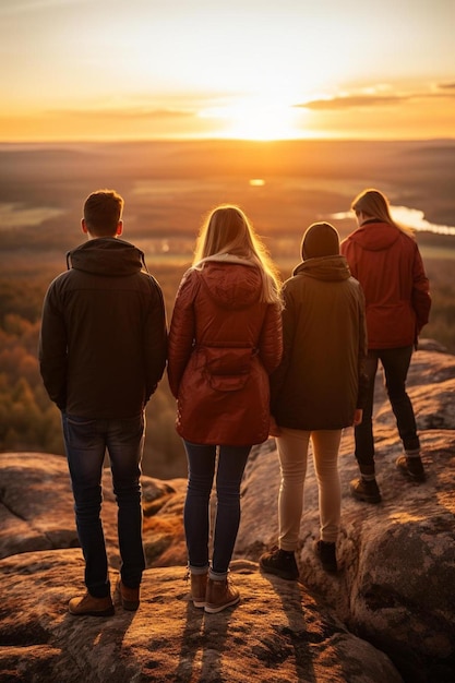 un grupo de personas de pie en la cima de una montaña