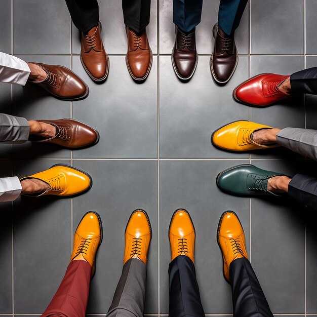 Foto un grupo de personas de pie en un círculo con uno que lleva zapatos amarillos y naranjas