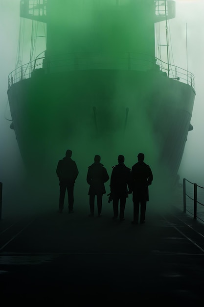 Grupo de personas de pie frente al barco en la niebla IA generativa