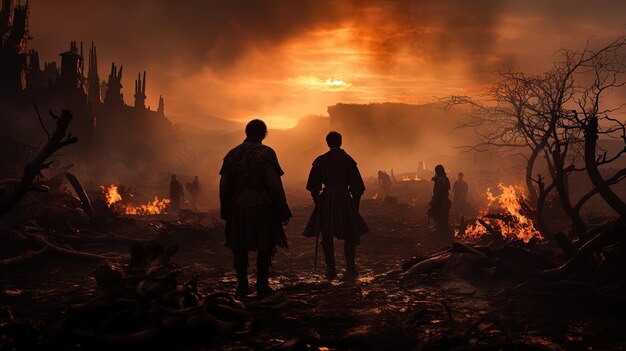 Foto un grupo de personas de pie frente a un fuego con el sol poniéndose detrás de ellos