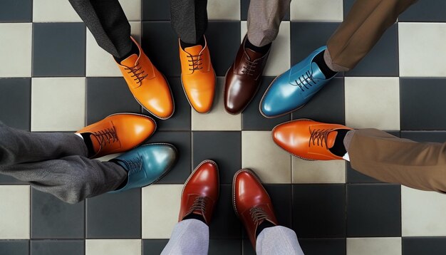 Foto un grupo de personas de pie frente a un grupo de hombres con zapatos