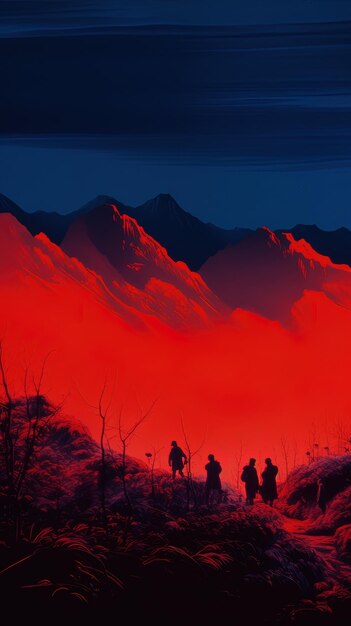 Foto un grupo de personas de pie frente a una montaña con el sol detrás de ellos