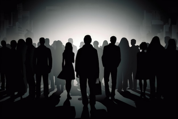 Un grupo de personas de pie en una IA generativa de cuarto oscuro