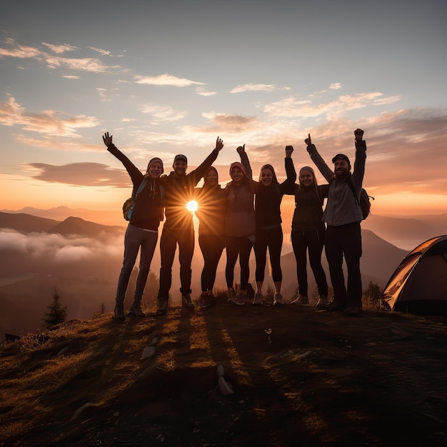 un grupo de personas de pie en una montaña con el sol detrás de ellos