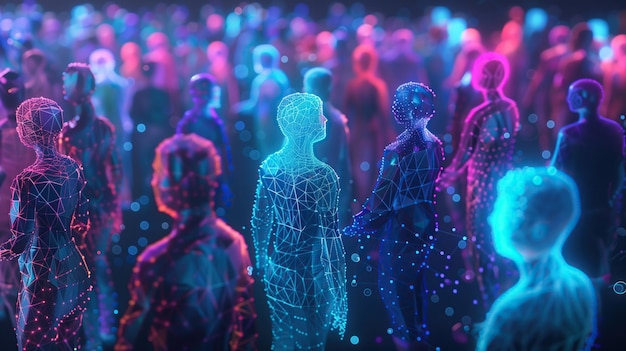 Foto grupo de personas de pie ante una multitud visualización digital de marco de alambre holográfico