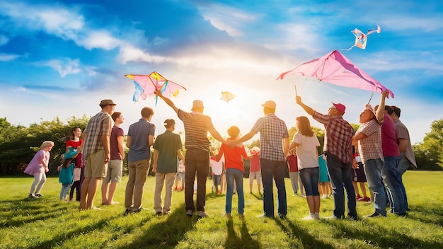 Foto grupo de personas de pie en un parque bajo la luz del sol