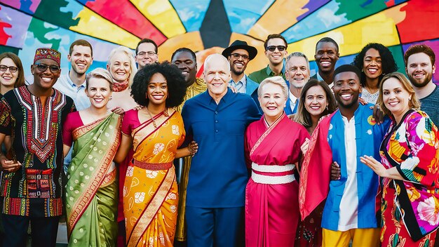 Foto un grupo de personas posando para una foto con un hombre con una camisa azul