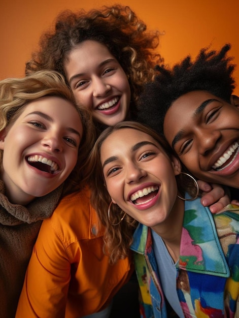 un grupo de personas posando para una foto con las palabras "feliz" en la parte superior.