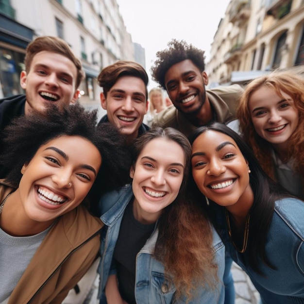 un grupo de personas posando para una foto con uno que lleva una chaqueta de jean azul