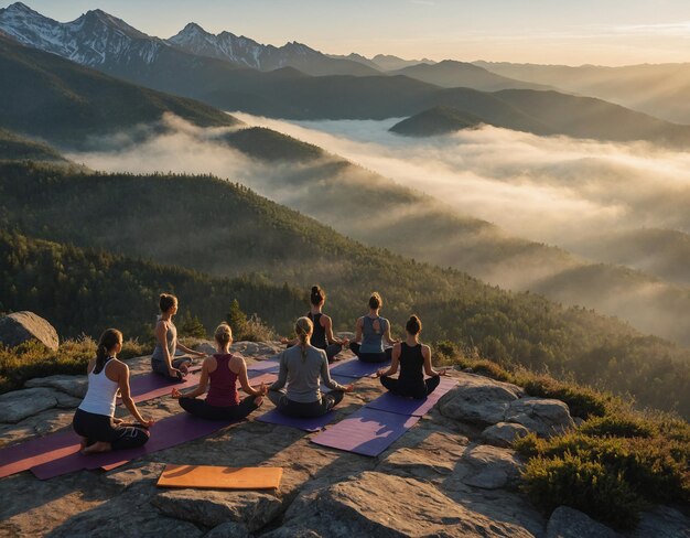 Foto un grupo de personas practicando yoga en la cima de una montaña con montañas en el fondo