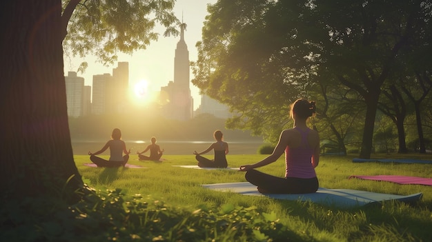 Grupo de personas practicando yoga en el parque al atardecer Concepto de estilo de vida saludable