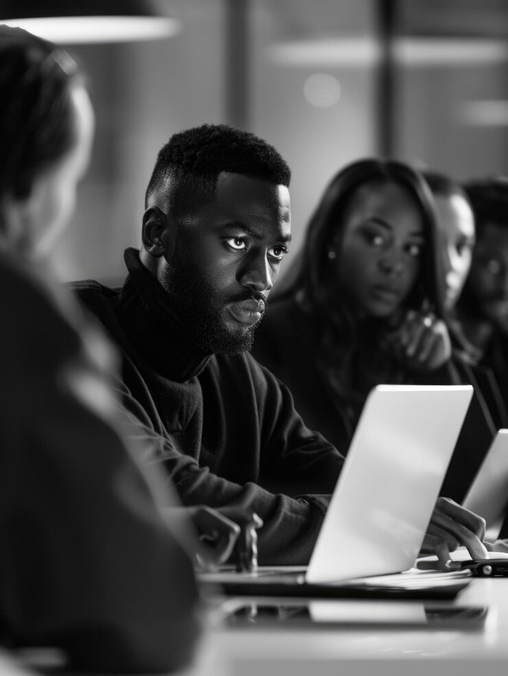 Un grupo de personas que colaboran en proyectos usando sus portátiles en un espacio de trabajo compartido