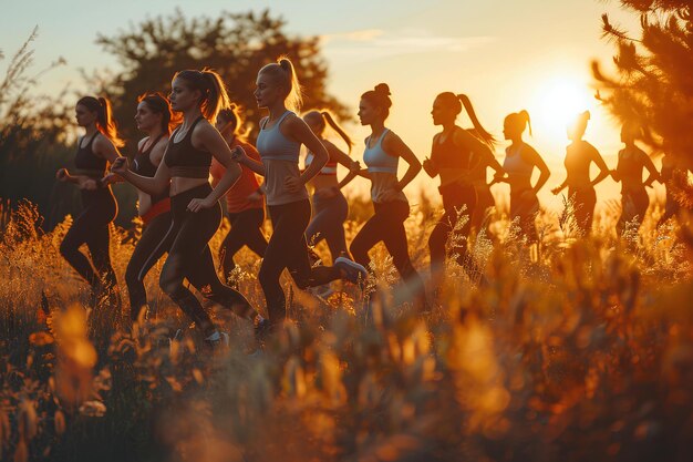 Un grupo de personas que corren en un campo al atardecer o al amanecer o al anochecer con la puesta del sol